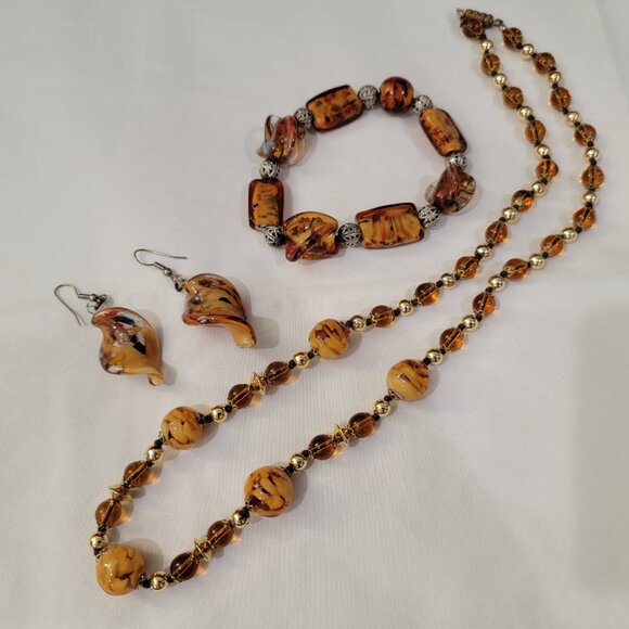 Vintage Murano Necklace Bracelet Earrings Set 24" Beaded Swirl - Picture 6 of 17